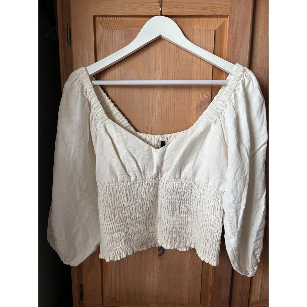 Staple the Label | Linen blend Smocked Flowy White Blouse | AU 12/US M
